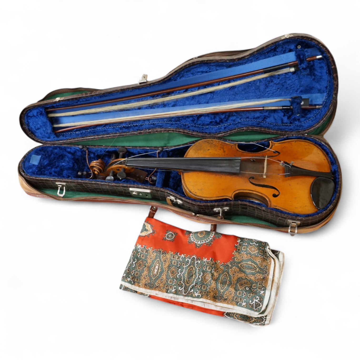 A cased late 19th century violin, Stradivarius copy, with two bows, one fully mounted and signed Roger Lotte, CITES Submission reference, RSF8HBLC